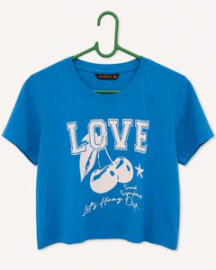 Blue "Love" Cherry Graphic Crop Top