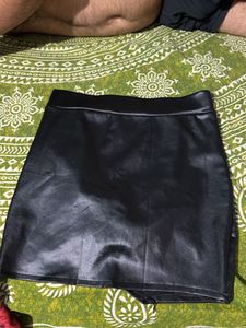 Black Ruched Faux Leather Skirt
