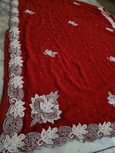 Red moti work saree