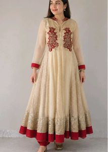 Cream & Red Embroidered Anarkali Suit