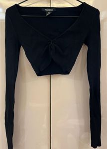 Black Ribbed Twist Front Long Sleeve Top