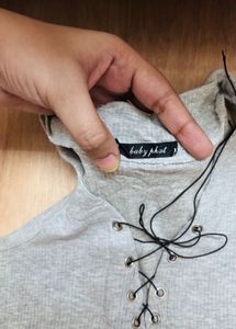 Grey Lace-Up Ribbed Tank Top