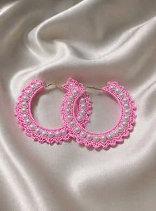 Pink Crocheted Pearl Hoop Earrings