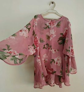 Pink Floral Sheer Bell Sleeve Top