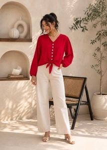Chic Red Tie-Front Blouse