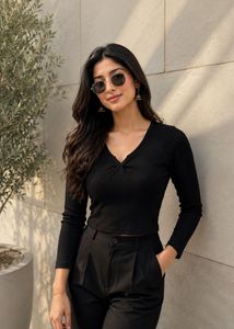 Classic Black Long Sleeve V-Neck Top