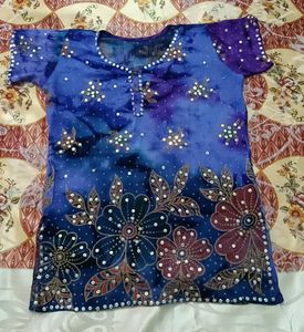 Blue Batik Kurta with Floral Embellishments