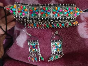 Oxidised Silver Multicolour Jwellery Set
