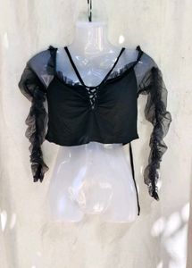 31279. Chic Black Mesh Off-Shoulder Crop Top