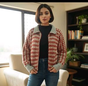 Houndstooth Zip-Up Knit Jacket