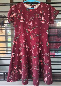 Burgundy Floral Print A-Line Dress