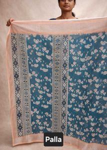 Beautiful Blue Floral Zari border Linen Saree