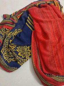 Vibrant Blue &amp; Red Printed Saree