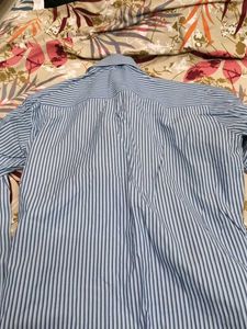 Blue Striped Button-Up Shirt with Tie Details