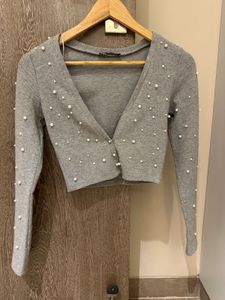 ZARA Grey Pearl Embellished Woolen Shrug