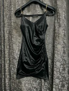 Sleek Black  Chain Strap Mini satin Dress