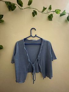 Blue Ribbed Tie-Front Cropped Cardigan