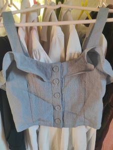 Cute Blue Gingham Button-Up Crop Top