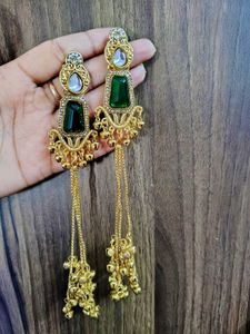 Elegant Emerald &amp; Gold Dangle kashmiri Earrings