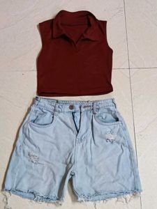 Trendy Crop Top & Distressed Denim Shorts Set