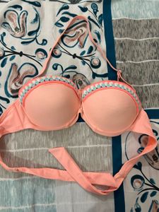 Coral Bikini Top with Crochet Trim