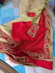 Elegant Beige &amp; Red Embroidered Saree