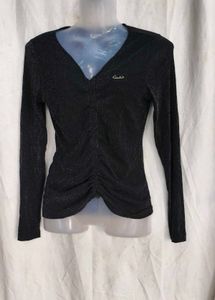 224. Sparkly Black Ruched V-Neck Top