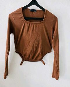 Rust Brown Ribbed Long-Sleeve Fitted Top