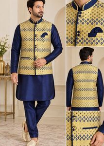 Men's Royal Blue &amp; Gold Rajwadi Kurta Jacket Set