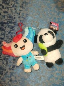 2 Plush Keychains - Panda & Rainbow Character