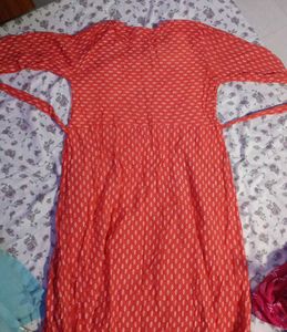 Coral Kurta with Embellished Neckline