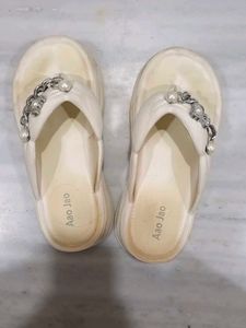 White Flip Flops with Pearl & Chain Detail