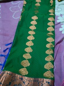 Beautiful Green Silk Saree With Blue Borders