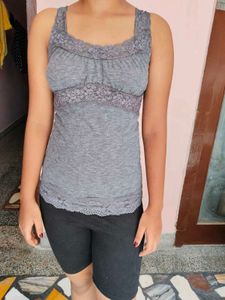 Grey Lace Trim Camisole Top