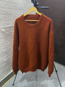 🧶 Hand-Knitted Rust Brown Textured Knit Sweater