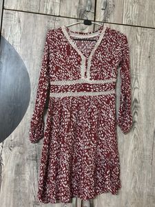 Maroon Printed V-Neck Dress