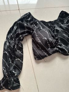 Black Satin Script Print Crop Top
