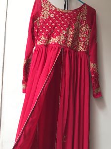 Rani Color Anarkali Kurti With Pant And Dupatta