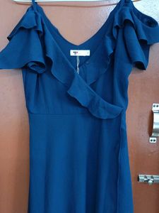 Navy Blue Ruffle Cold Shoulder Dress