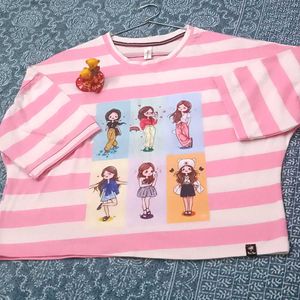 Cute Pink Striped Cartoon Crop Top and off white c