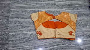 Beige &amp; Orange Embroidered Blouse