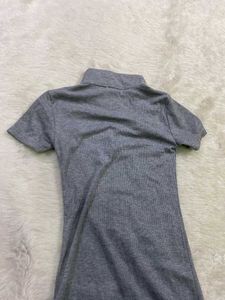 Grey Short Sleeve Button Neck T-Shirt Dress
