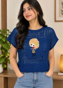 Chic Blue Crochet Knit Top with Doll Applique