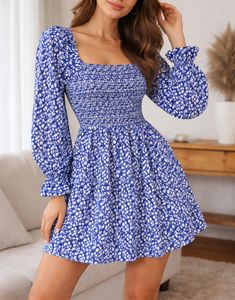 Blue Floral Print Mini Dress