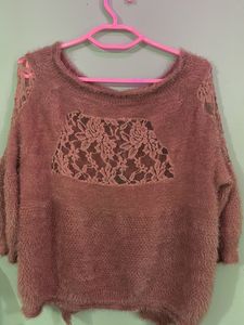 Fuzzy Knit Cardigan w/ Lace Sleeves