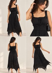 Chic Black Smocked Midi Dress