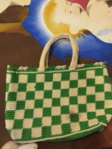 Green &amp; White Checkered Crochet Tote Bag