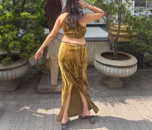 Olive Green Velvet Two-Piece Set