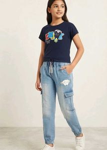 🌟 Stylish Navy Top & Heavy Denim Cargo Joggers