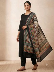 plain Black Kurta with Printed Dupatta